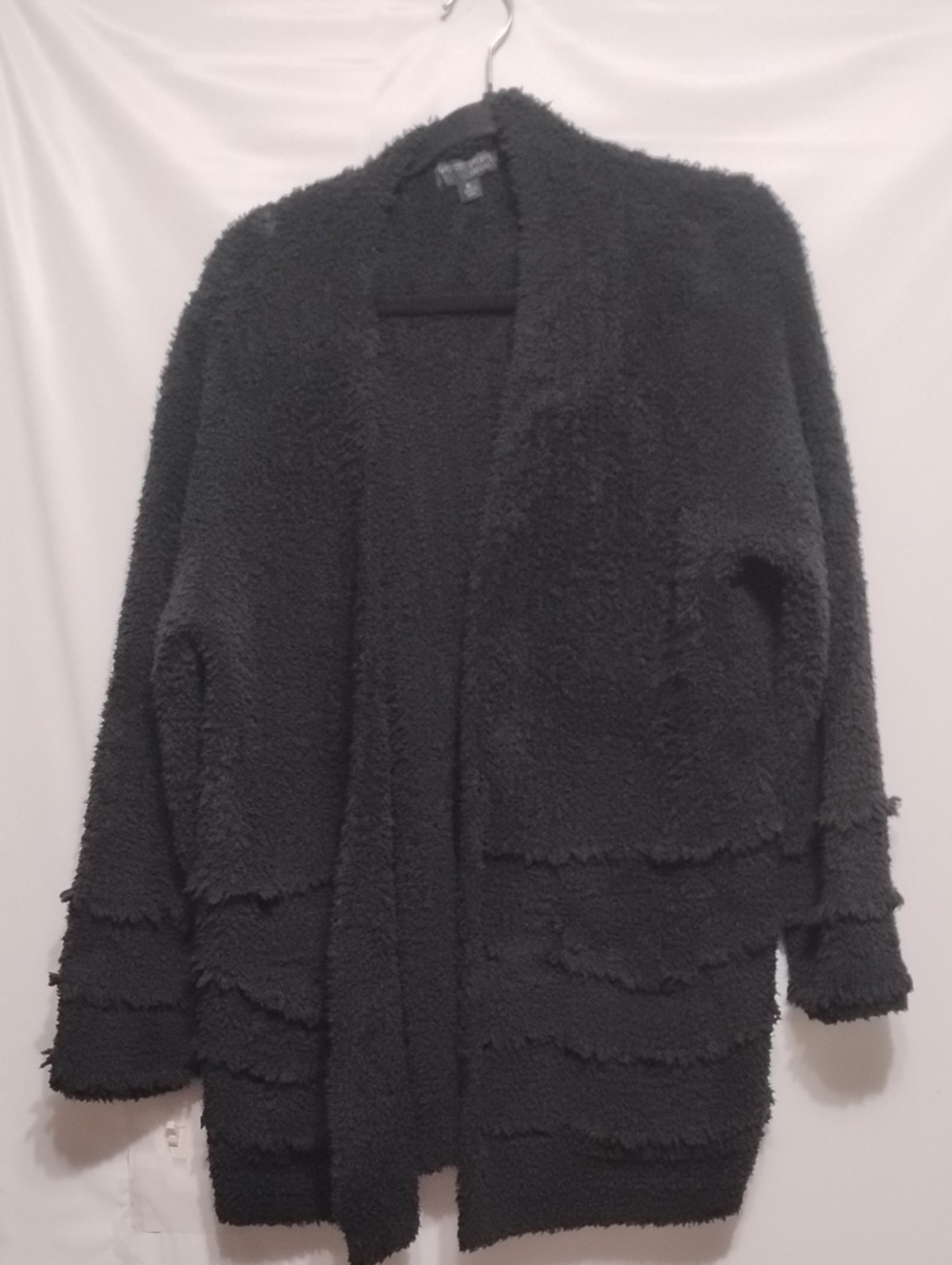 Barefoot Dreams Cozy Chic Broadwalk Fringe Black Plush Relax Bohemian Cardigan‎